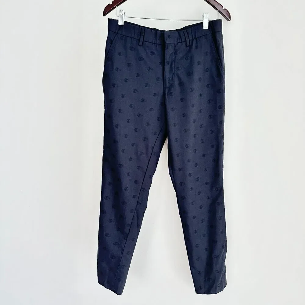 Burberry London Trousers Mens 30 x 28 Wool Monogram Embroidered‎ Jacquard Navy